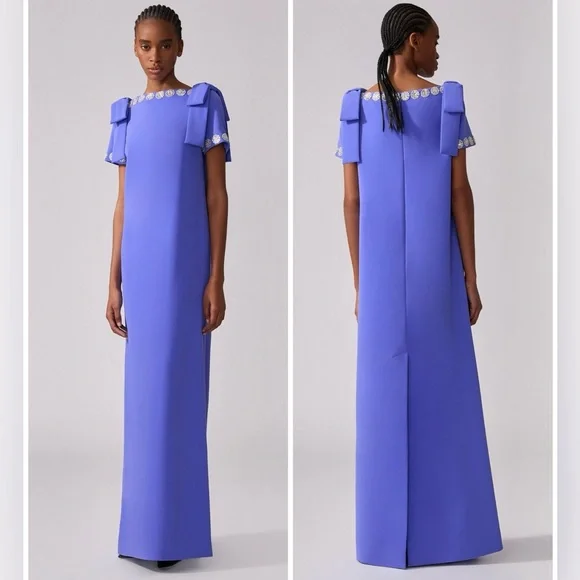 CAROLINA HERRERA Crystal-Trim Boatneck Column Gown With Shoulder Bows Maxi Dress - Picture 2 of 15